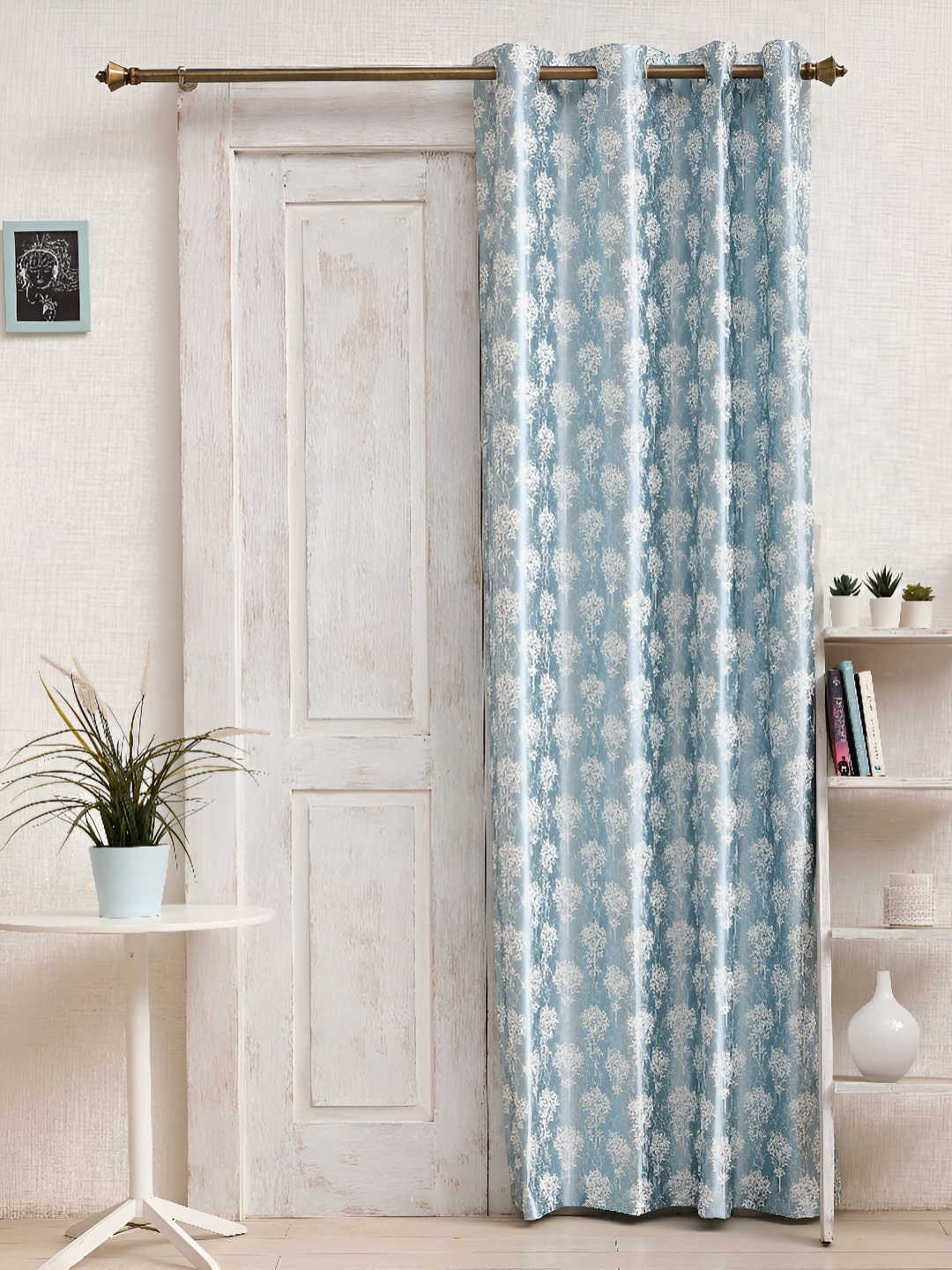 

Ariana Blue & Grey Floral Printed Room Darkening Eyelet Door Curtain