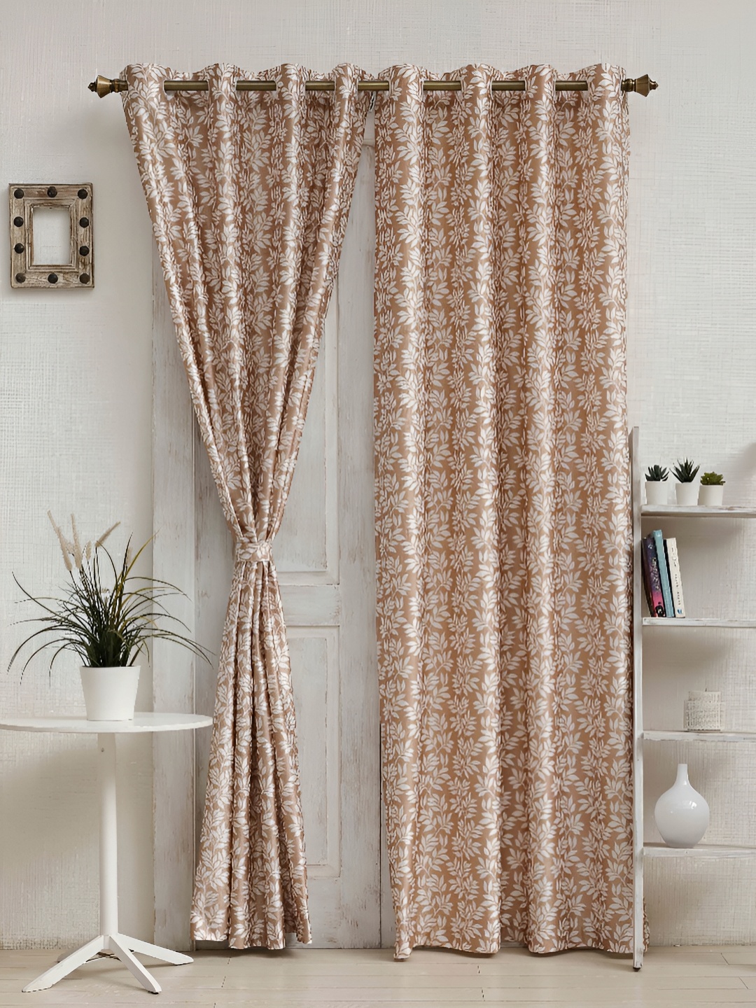 Ariana Brown & White 2 Pieces Floral Room Darkening Door Curtains
