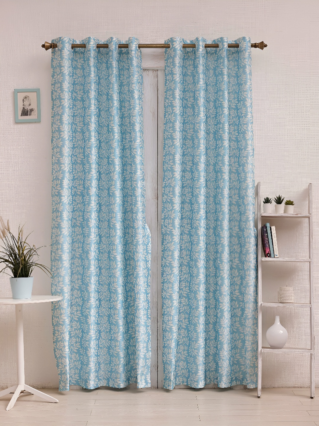 Ariana Blue & White 2 Pieces Floral Room Darkening Door Curtains