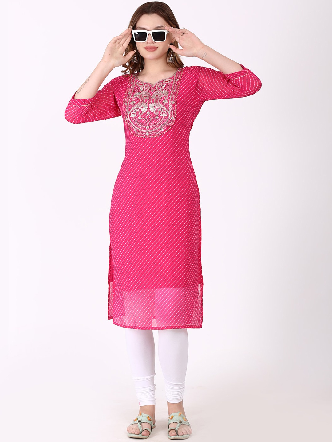 

Tulip Eden Leheriya Yoke Design Thread Work Georgette Straight Kurta, Pink