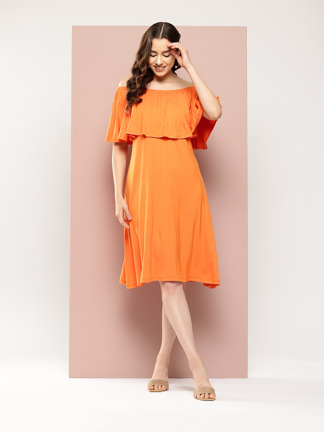 

Qurvii Off-Shoulder Slit Sleeves A-Line Dress, Orange