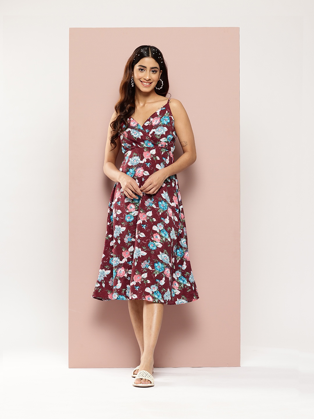 

Qurvii Floral Printed Crepe A-Line Midi Dress, Burgundy