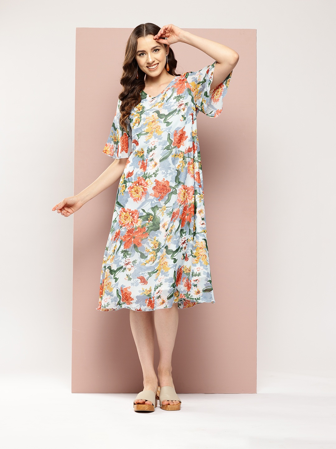

Qurvii Floral Print Flared Sleeves Georgette A-Line Dress, Blue