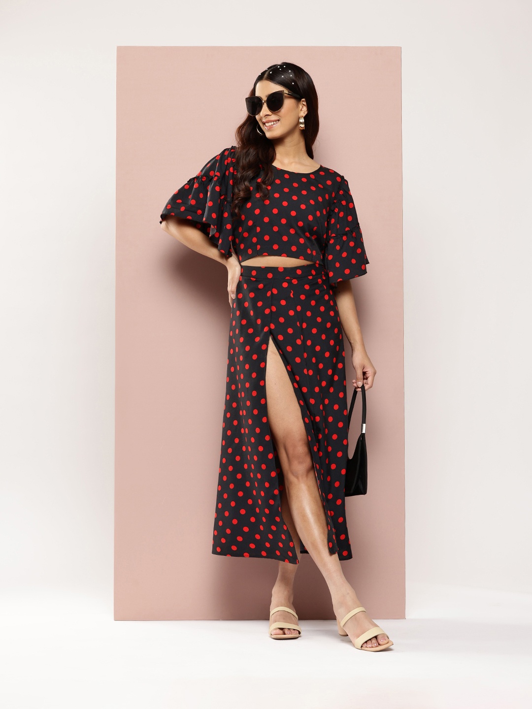 

Qurvii Polka Dots Printed Co-Ords, Black