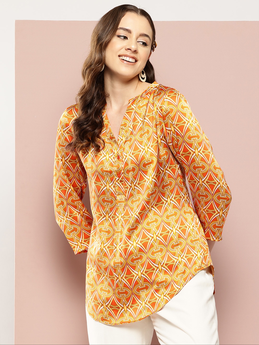 

Qurvii Comfort Geometric Print Mandarin Collar Casual Shirt, Orange