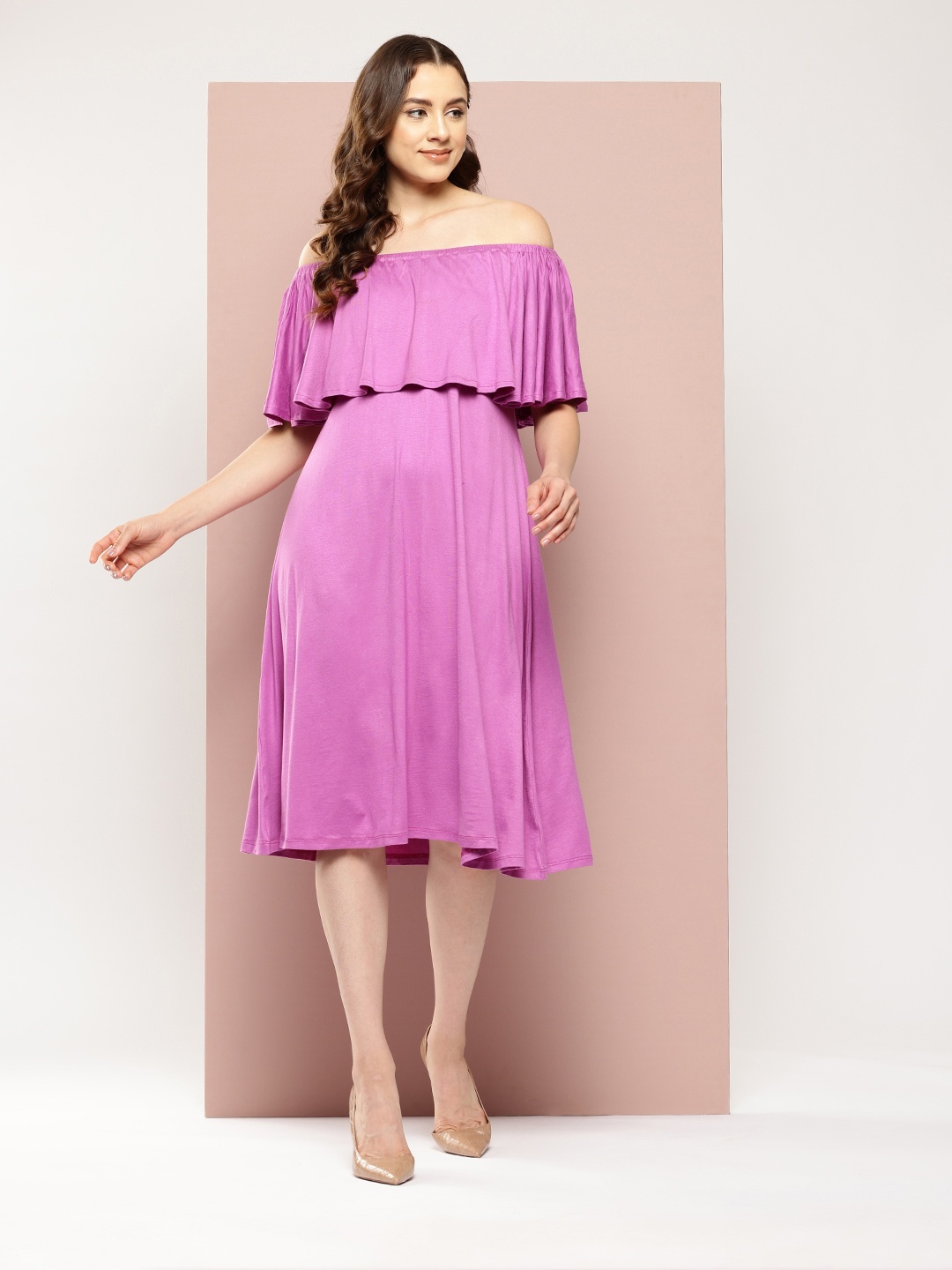 

Qurvii Off-Shoulder Slit Sleeves A-Line Dress, Mauve