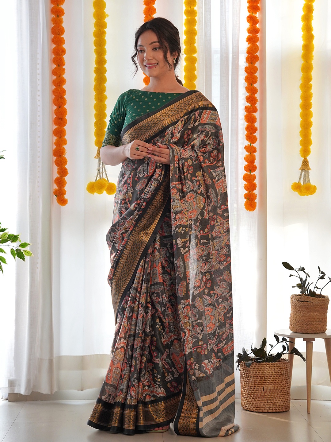 

Munir Kalamkari Zari Silk Blend Saree, Brown