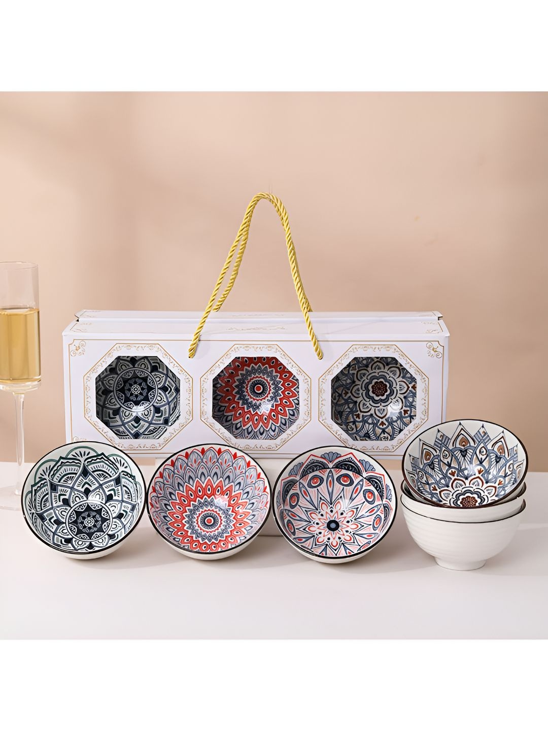 

P-Plus International Set Of 6 Printed Decorative Bowl, Red