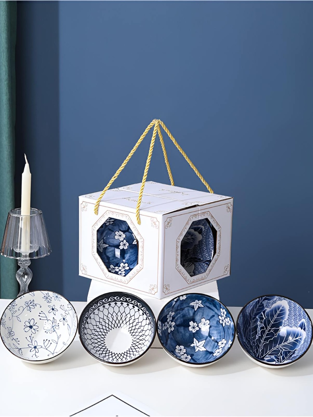 

P-Plus International Set Of 4 White & Blue Printed Ceramic Bowl