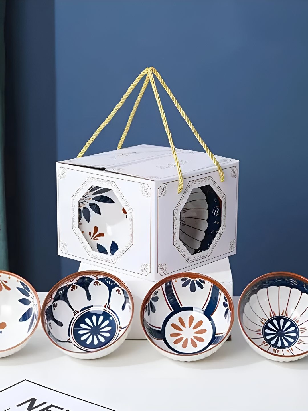 

P-Plus International 4-Pcs Blue & White Floral Printed Ceramic Serving Bowls-300 ml Each