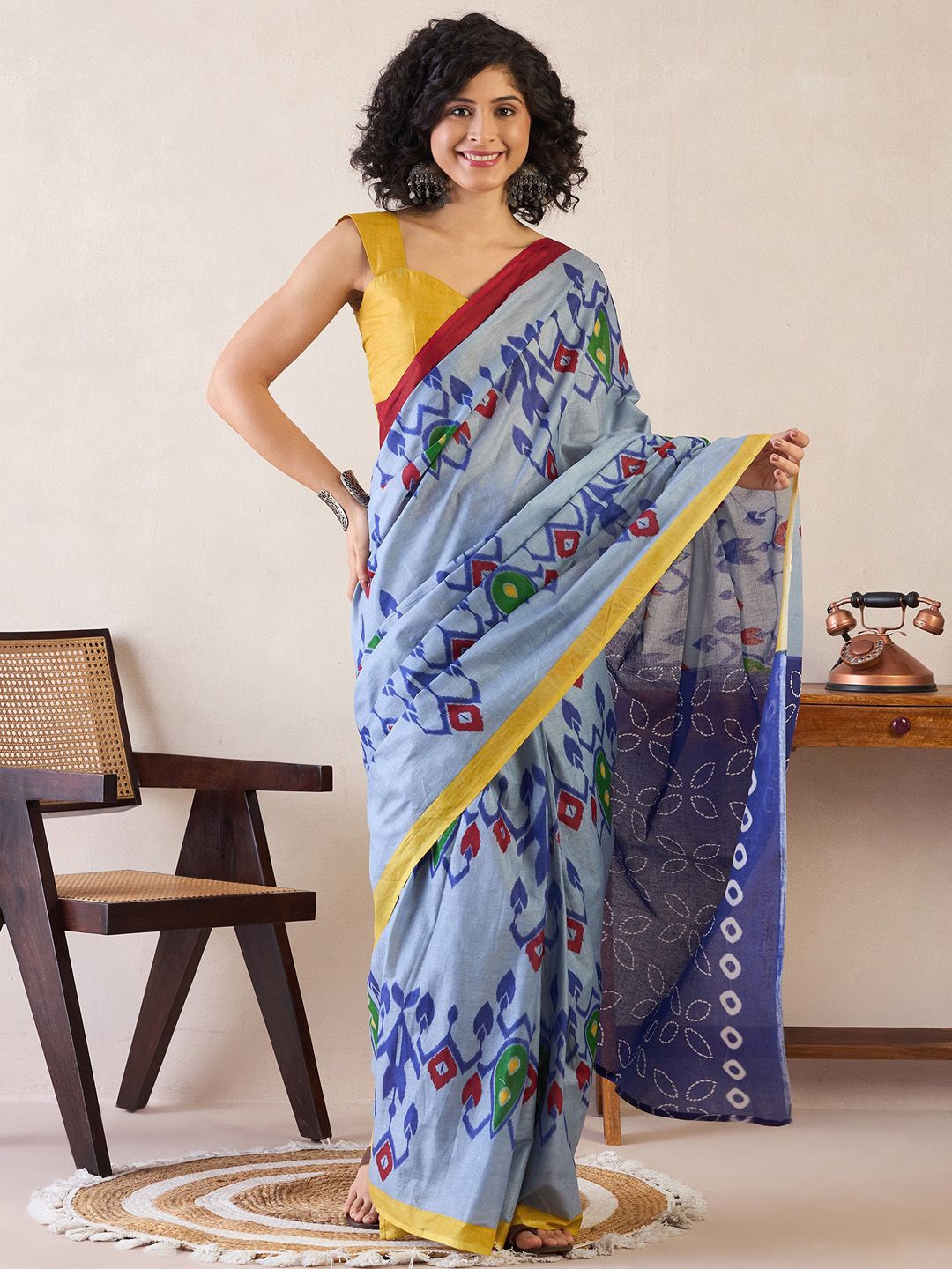 

Saree mall Ethnic Motifs Poly Cotton Ready To Wear Ikat Saree, Blue