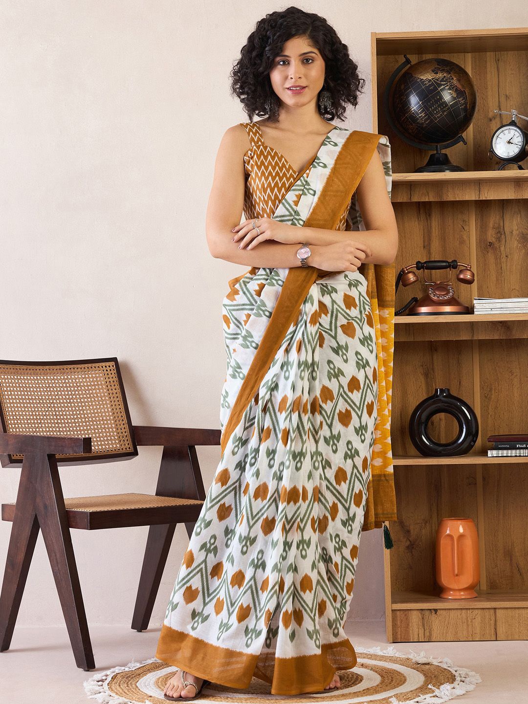 

Saree mall Ethnic Motifs Poly Cotton Ready To Wear Ikat Saree, White