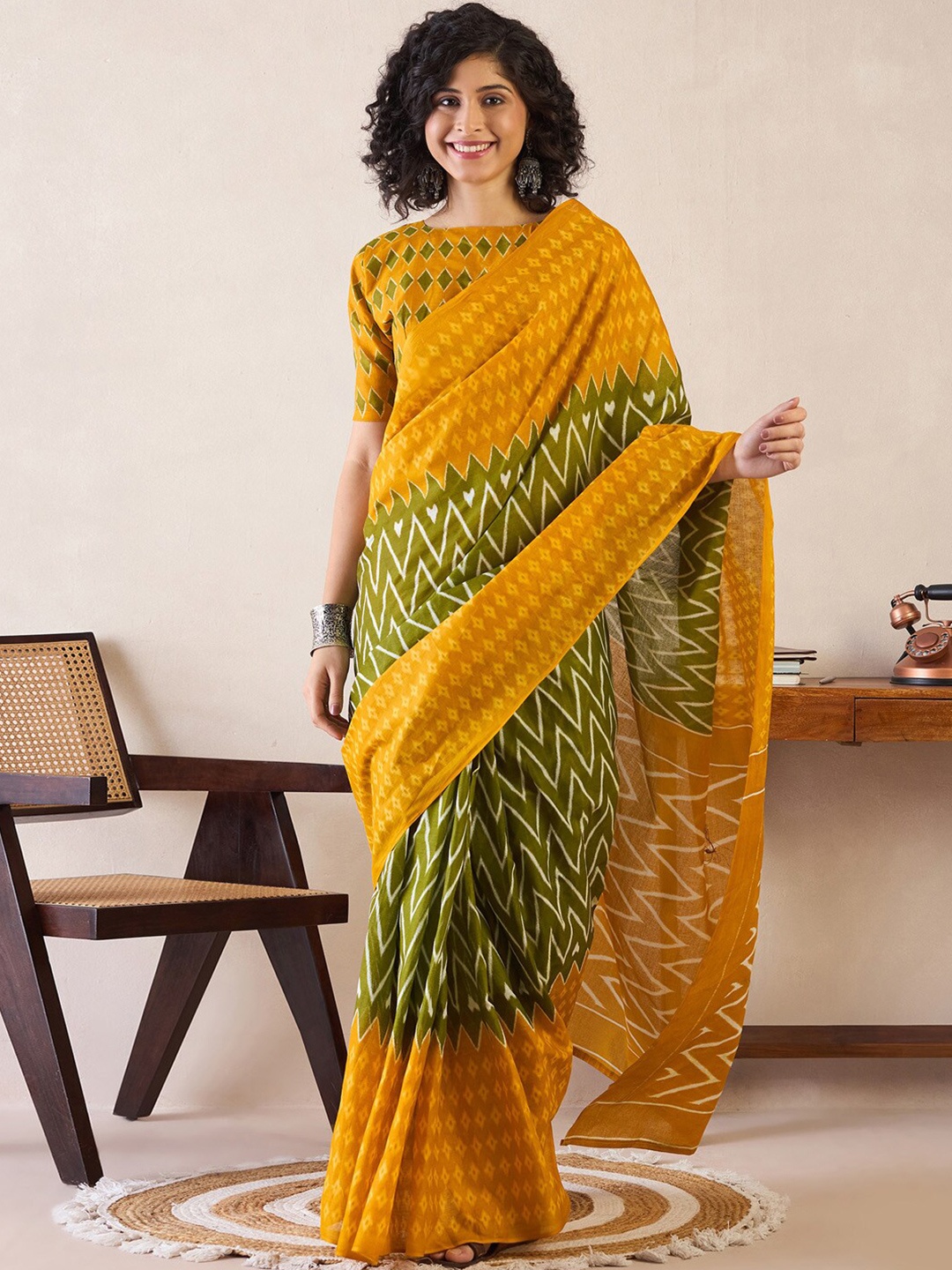 

Saree mall Poly Cotton Ready to Wear Bagru Sarees, Olive