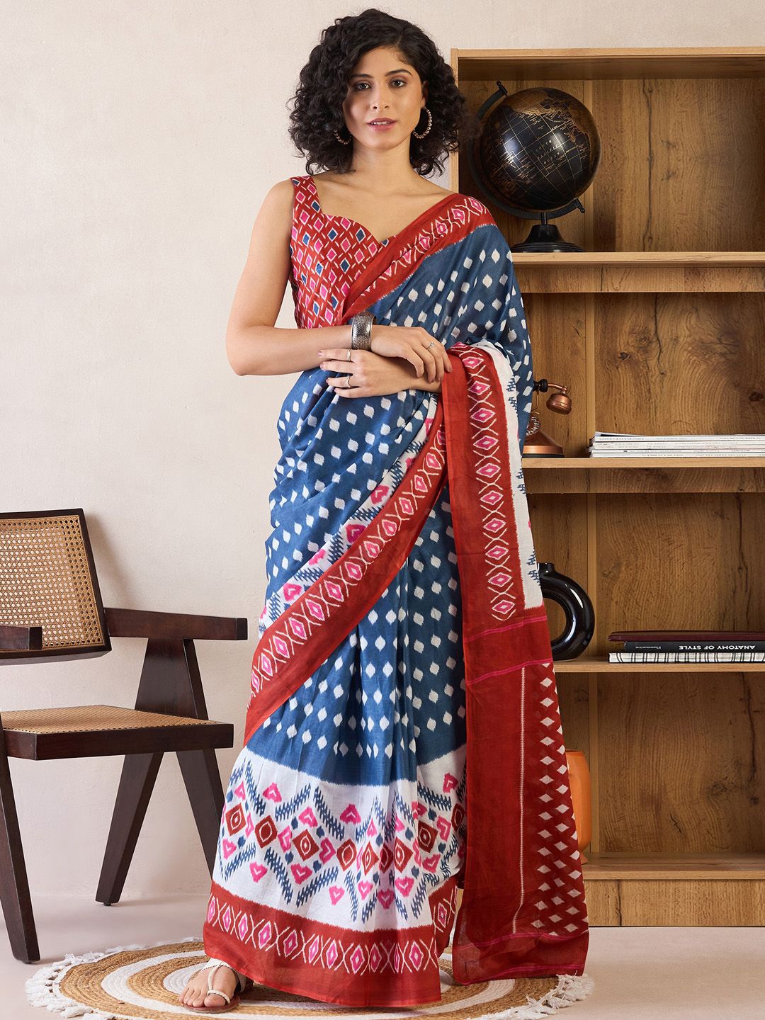 

Saree mall Ethnic Motifs Poly Cotton Ready To Wear Ikat Saree, Navy blue