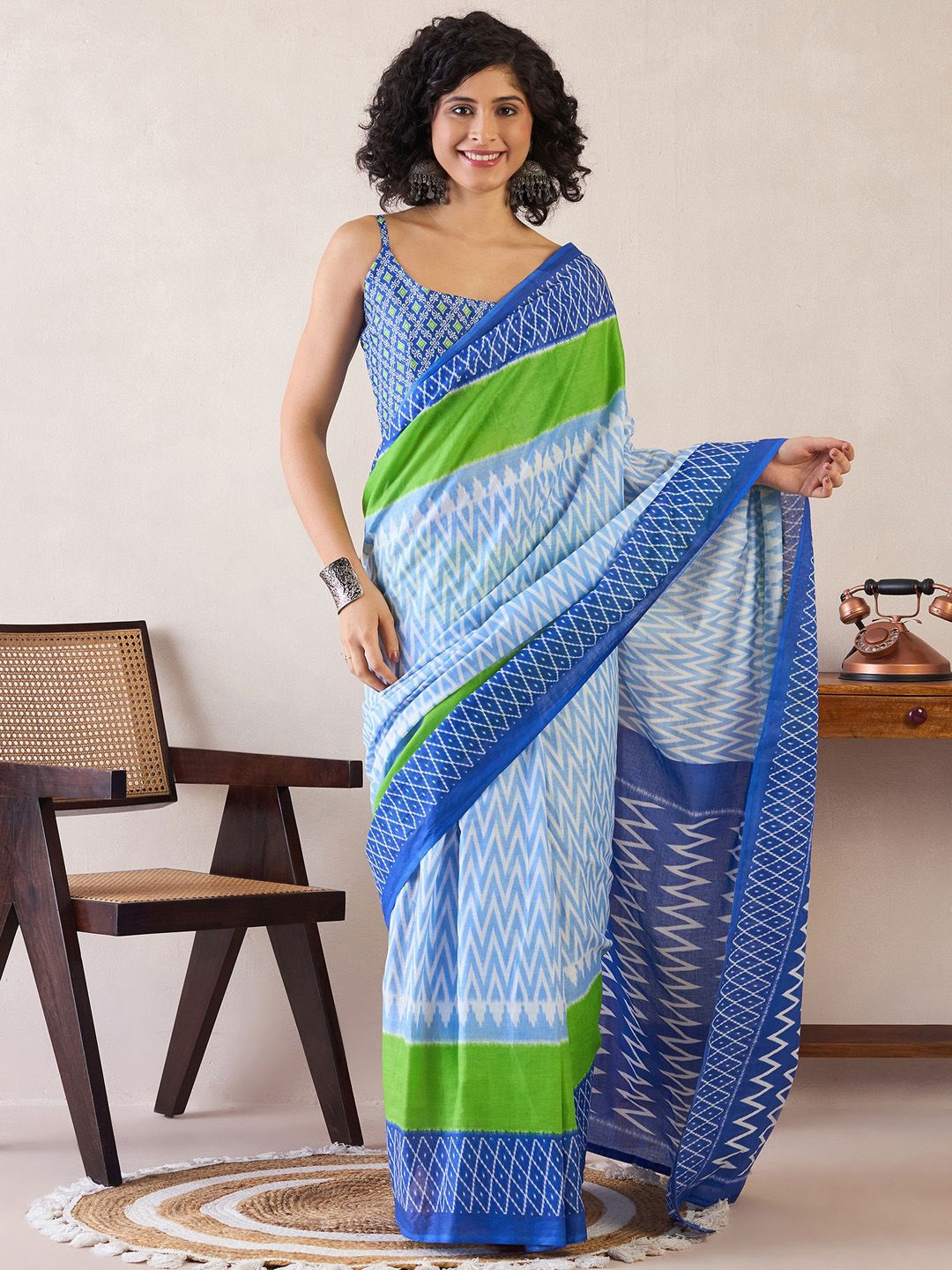 

Saree mall Poly Cotton Ready to Wear Ikat Sarees, Blue