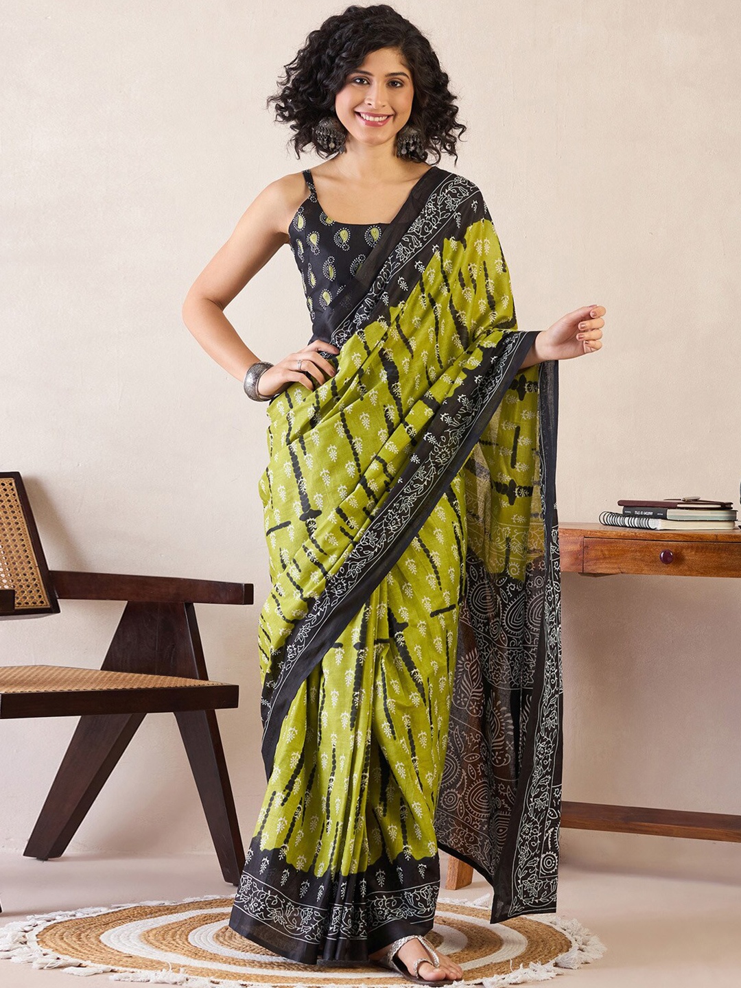 

Saree mall Ethnic Motifs Poly Cotton Bagh Ready To Wear Saree, Olive