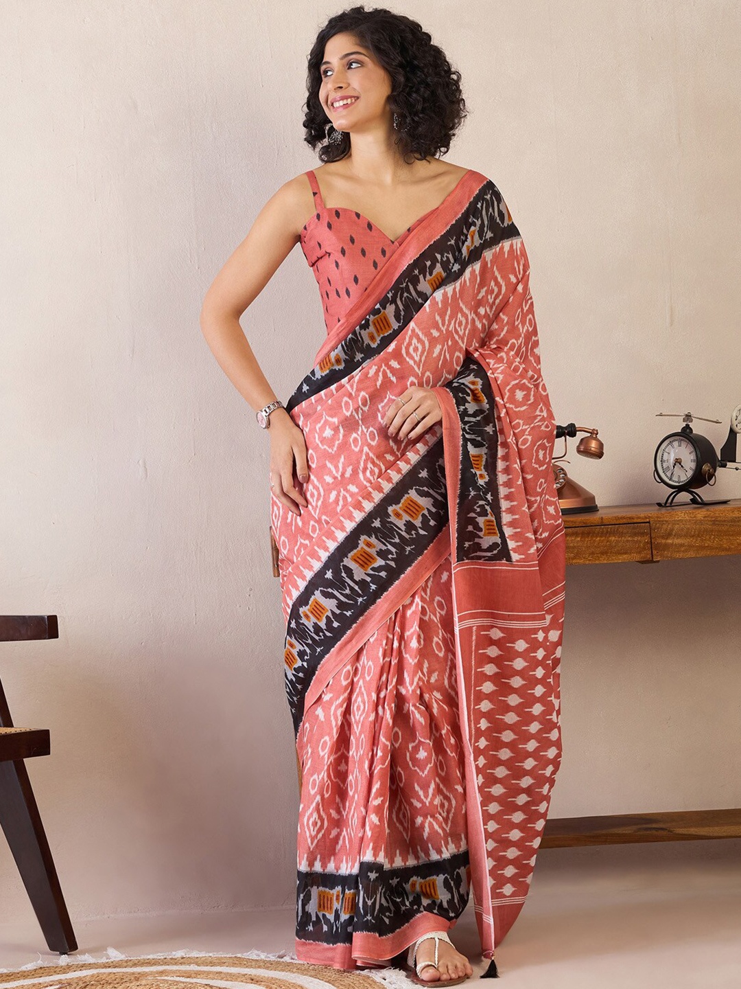 

Saree mall Ethnic Motifs Poly Cotton Ready to Wear Ikat Sarees, Peach