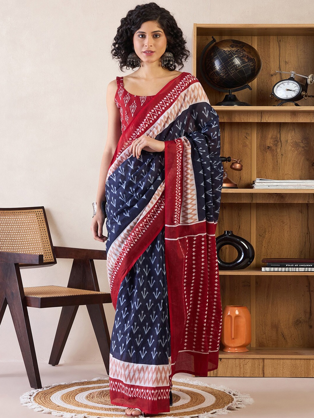 

Saree mall Ethnic Motifs Poly Cotton Ready To Wear Ikat Saree, Navy blue