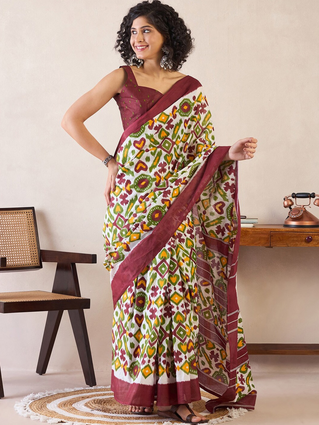 

Saree mall Poly Cotton Ready to Wear Ikat Sarees, White