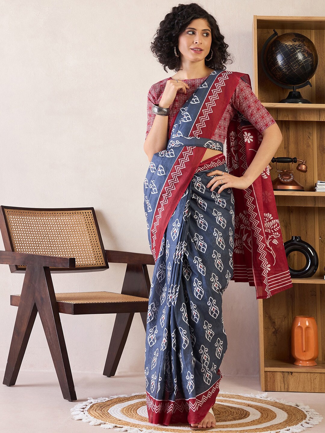 

Saree mall Bagh Pure Cotton Ready to Wear Bagh Sarees, Grey