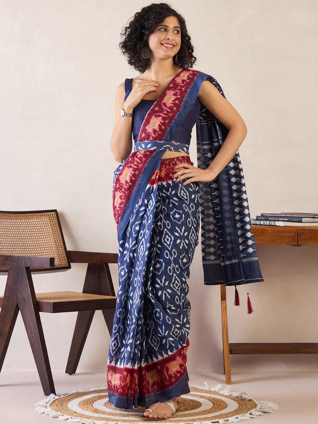 

Saree mall Ethnic Motifs Poly Cotton Ready To Wear Ikat Saree, Navy blue
