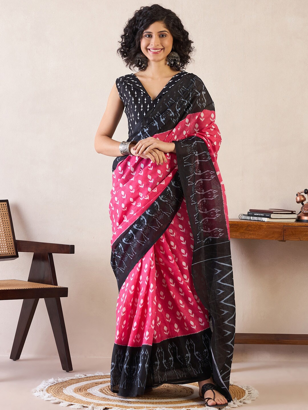 

Saree mall Bagh Poly Cotton Ready to Wear Bagh Sarees, Pink