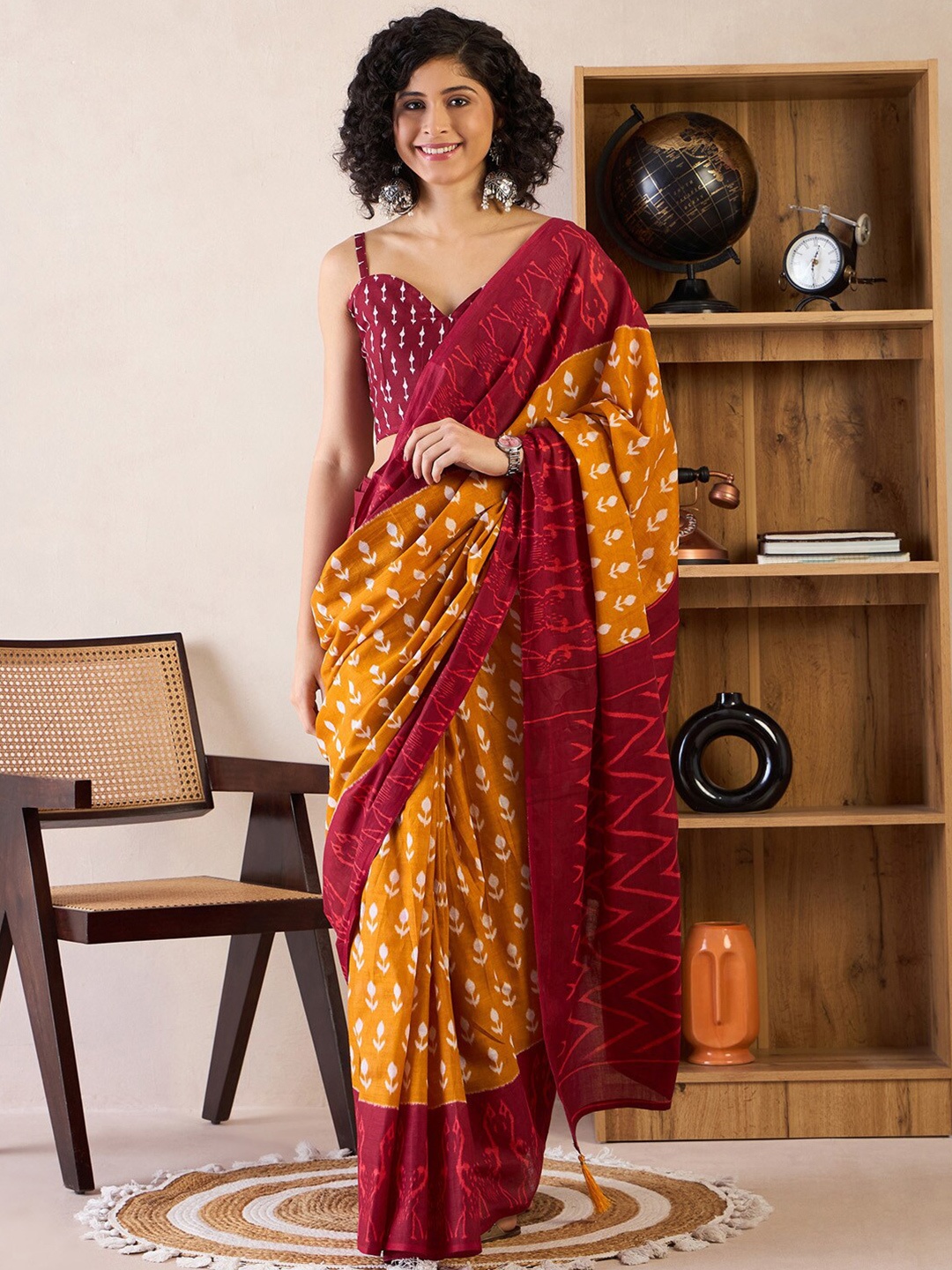 

Saree mall Bagh Poly Cotton Ready to Wear Bagh Sarees, Mustard