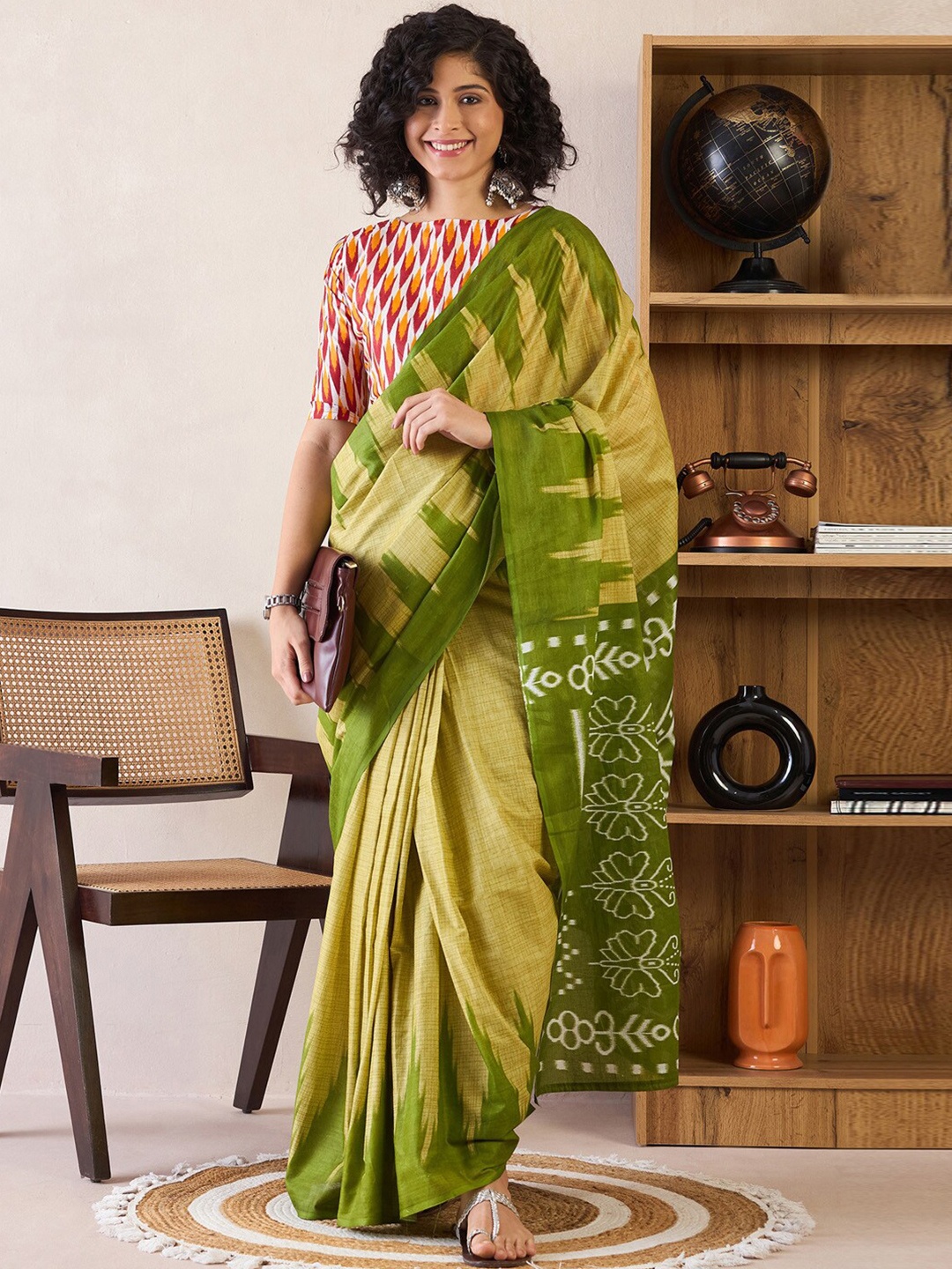 

Saree mall Pure Cotton Ready to Wear Bagh Sarees, Green