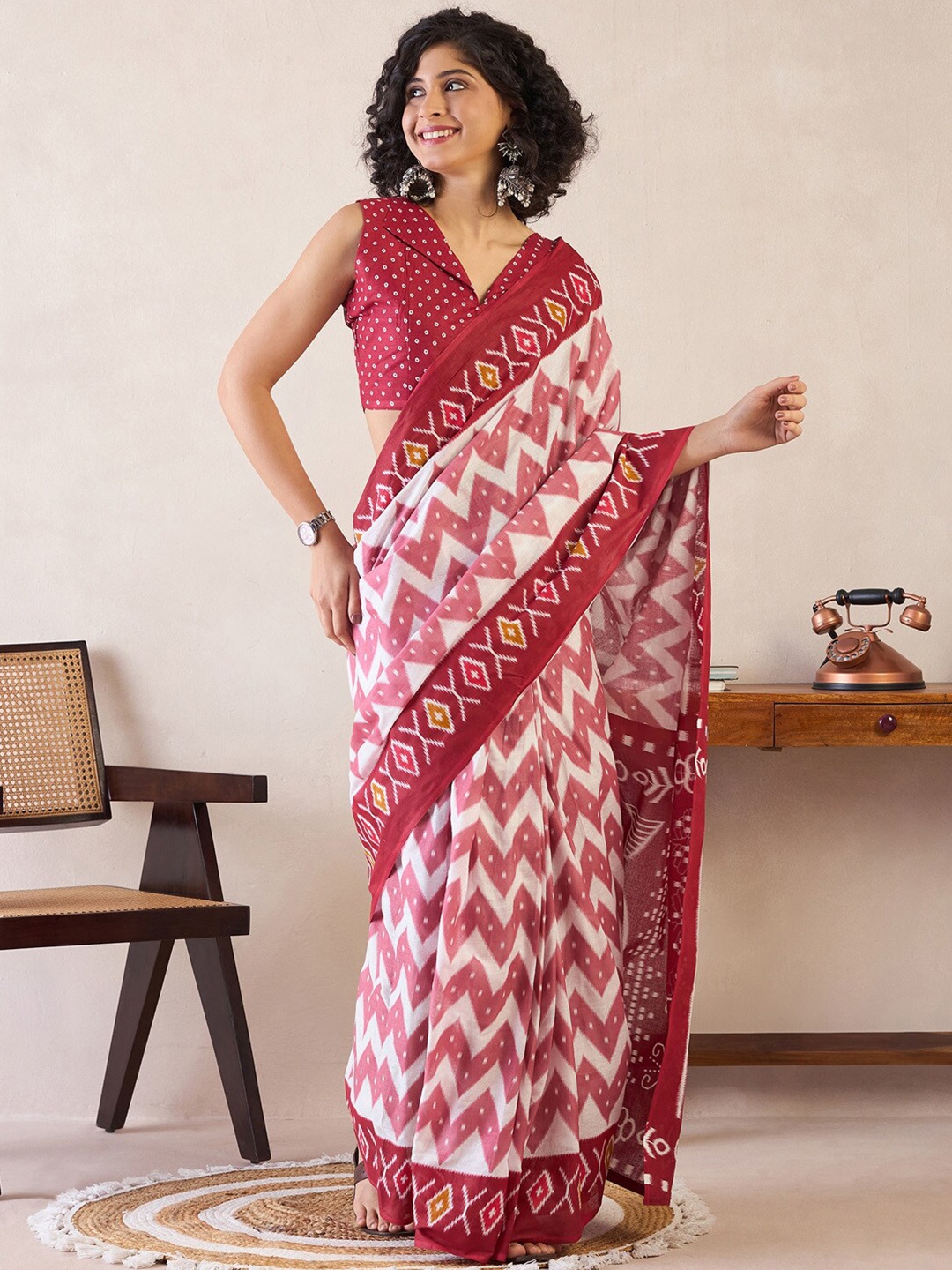 

Saree mall Ethnic Motifs Poly Cotton Ready to Wear Ikat Sarees, Maroon