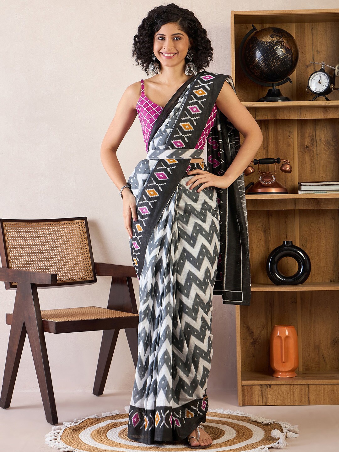 

Saree mall Pure Cotton Ready to Wear Ikat Sarees With Blouse Piece, Grey