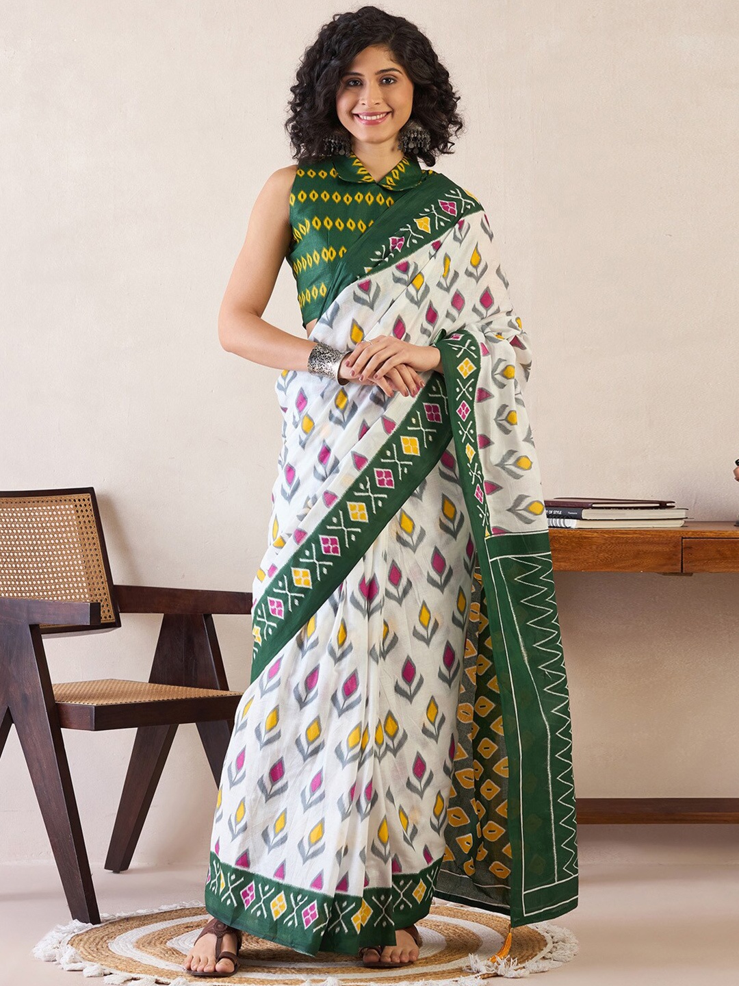 

Saree mall Ethnic Motifs Poly Cotton Ready to Wear Ikat Sarees, White