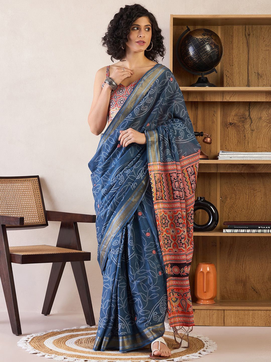 

Saree mall Bandhani Zari Poly Cotton Ready to Wear Bagru Sarees, Navy blue