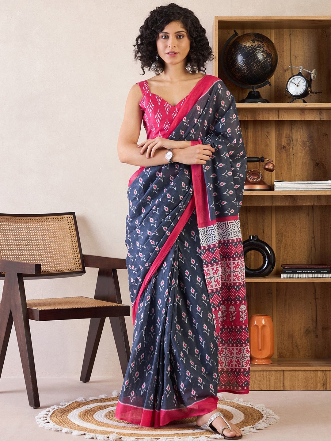 

Saree mall Ethnic Motifs Poly Cotton Ready to Wear Ikat Sarees, Grey
