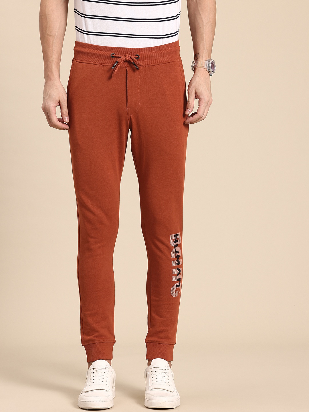 

Being Human Printed Detail Pure Cotton Joggers, Rust