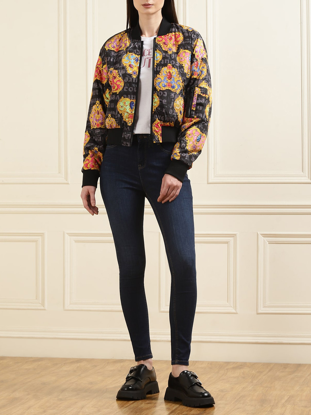 

Versace Jeans Couture All-Over Heart Baroque Printed Stand Collar Reversible Bomber Jacket, Black