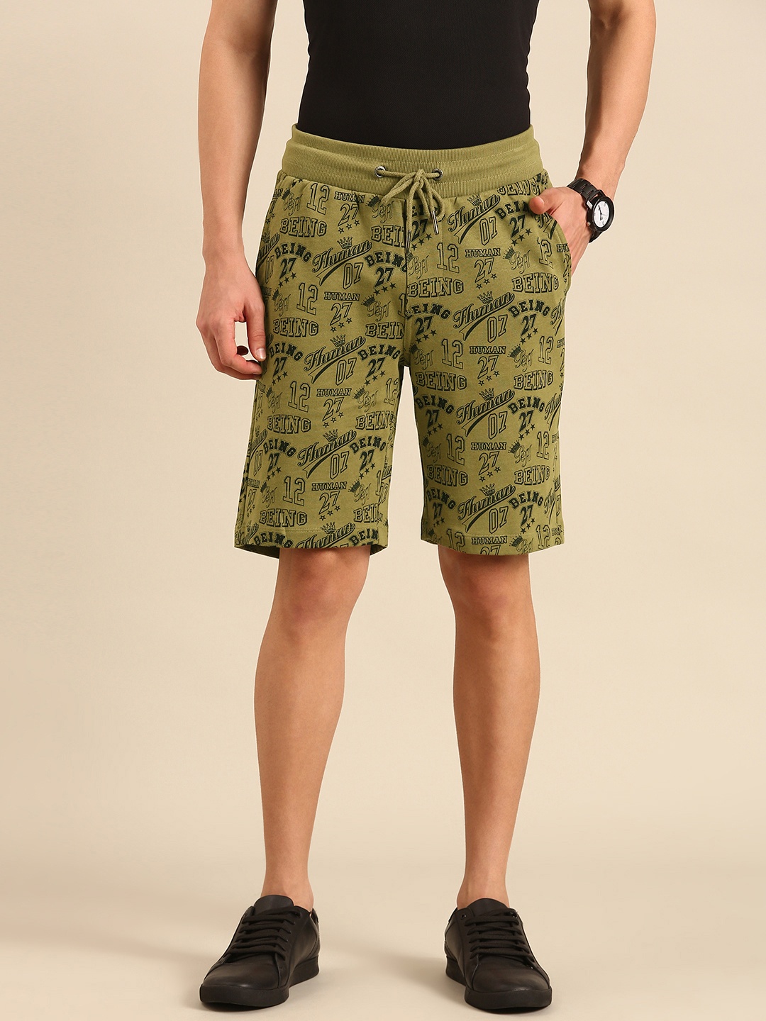 

Being Human Men Pure Cotton Typography Printed Regular Shorts, Olive