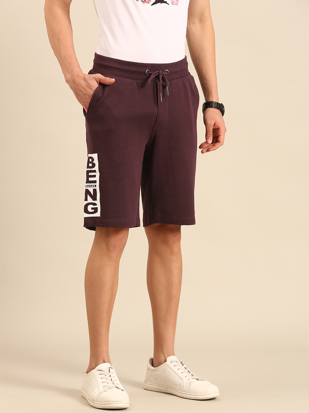 

Being Human Men Pure Cotton Brand Logo Printed Regular Shorts, Maroon