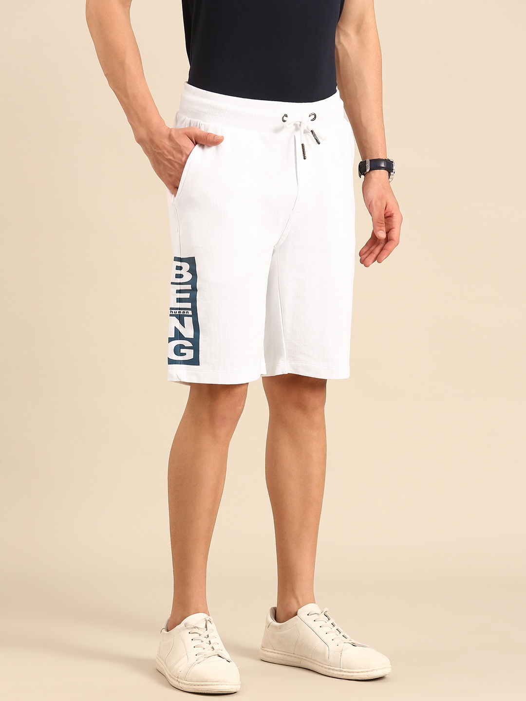 Being Human Men Pure Cotton Brand Logo Printed Regular Shorts, White