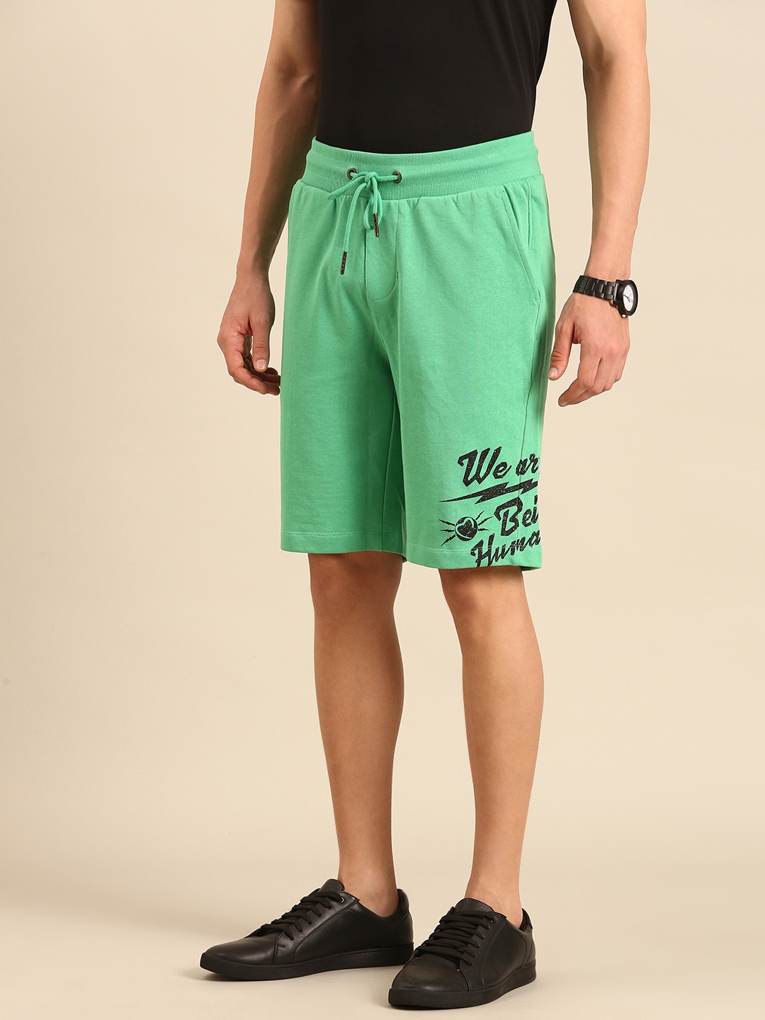 Being Human Men Pure Cotton Brand Logo Printed Regular Shorts, Green