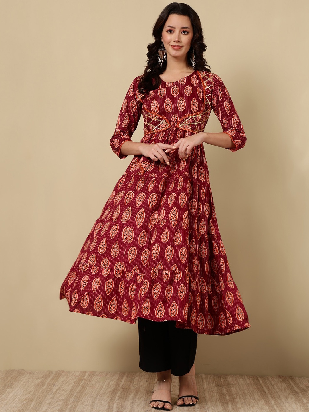 

GLAM ROOTS Ethnic Motifs Printed Cotton Anarkali Kurta, Maroon