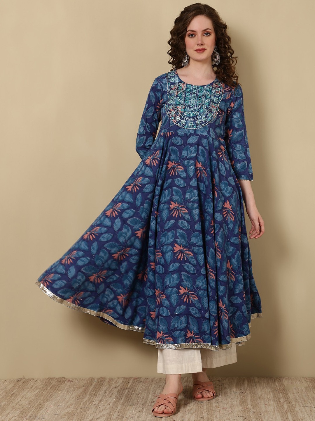 

GLAM ROOTS Ethnic Motifs Printed Flared Thread Work Cotton Anarkali Kurta, Blue