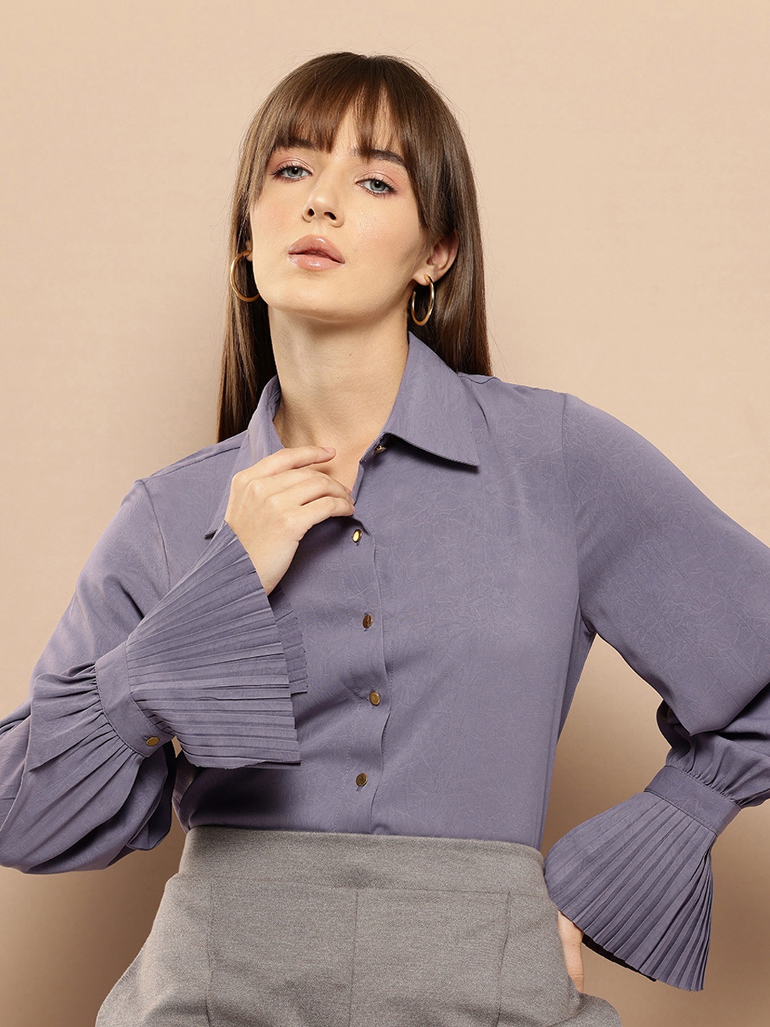 

her by invictus Accordion Pleats Opaque Casual Shirt, Purple