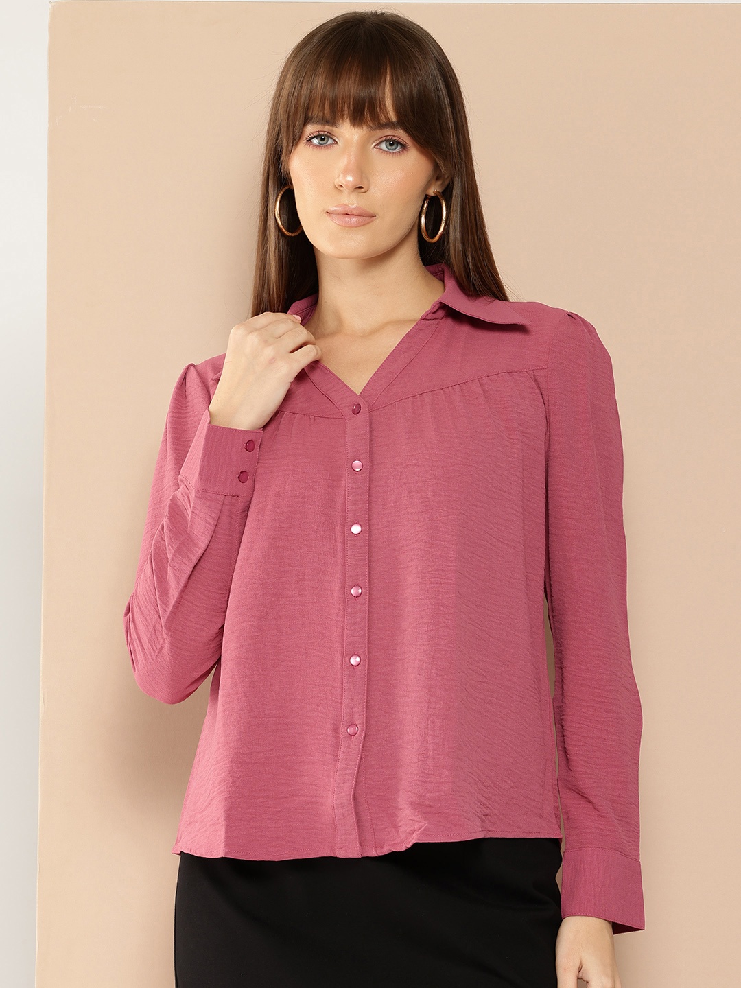 

her by invictus Gathered Detailed Crinkled Effect Regular Shirt, Mauve