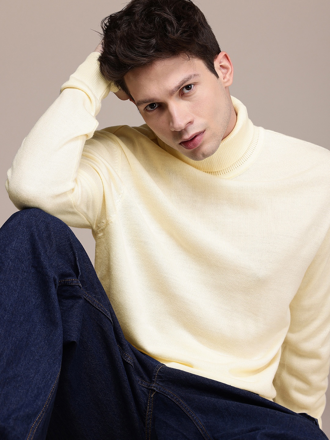 

WROGN Turtle Neck Comfort Fit Pullover, Cream