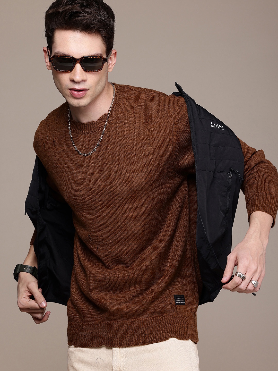

WROGN Cable Knitted Minimal Distressed Pullover Sweaters, Brown