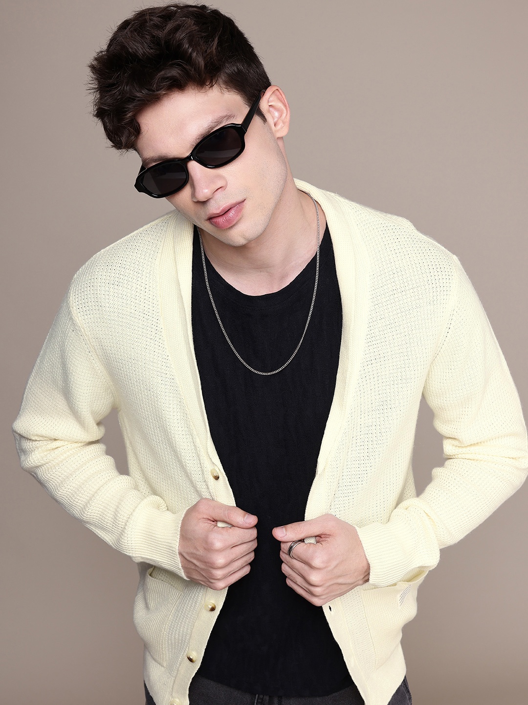 

WROGN Self-Design Shawl Neck Cardigan Sweater, Off white