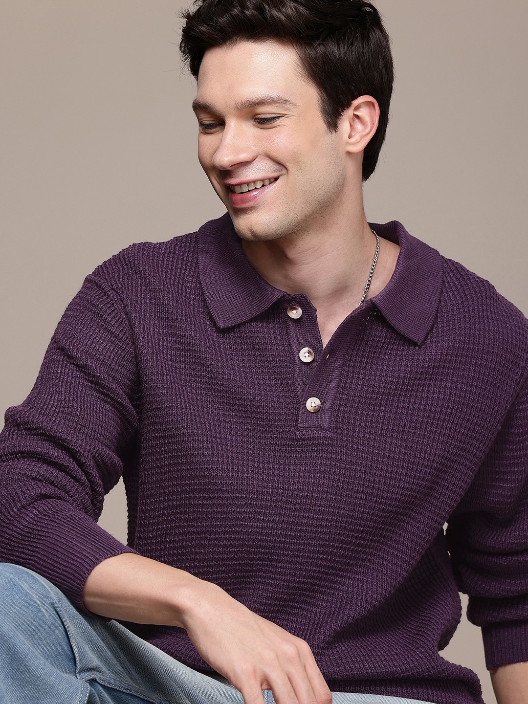 

WROGN Shirt Collar Cable Knit Pullover Sweater, Purple