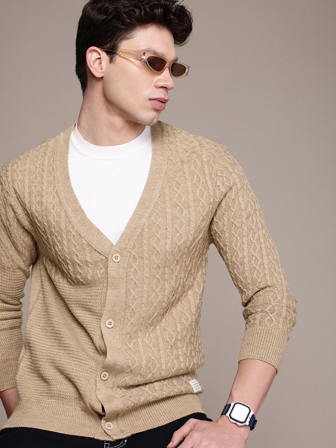 

WROGN V-Neck Open Front Cardigan Sweater, Tan