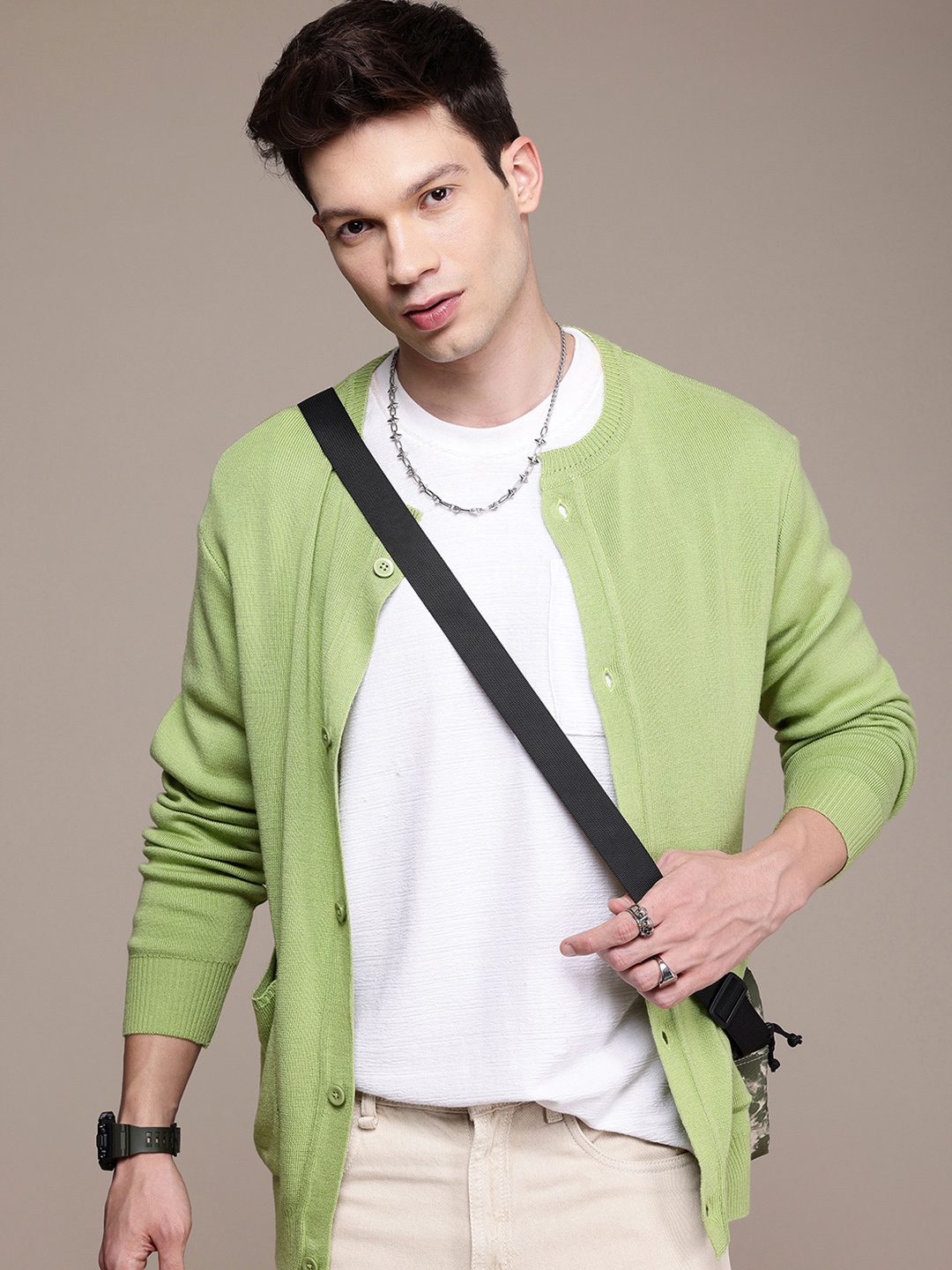 

WROGN Round Neck Cardigan, Green