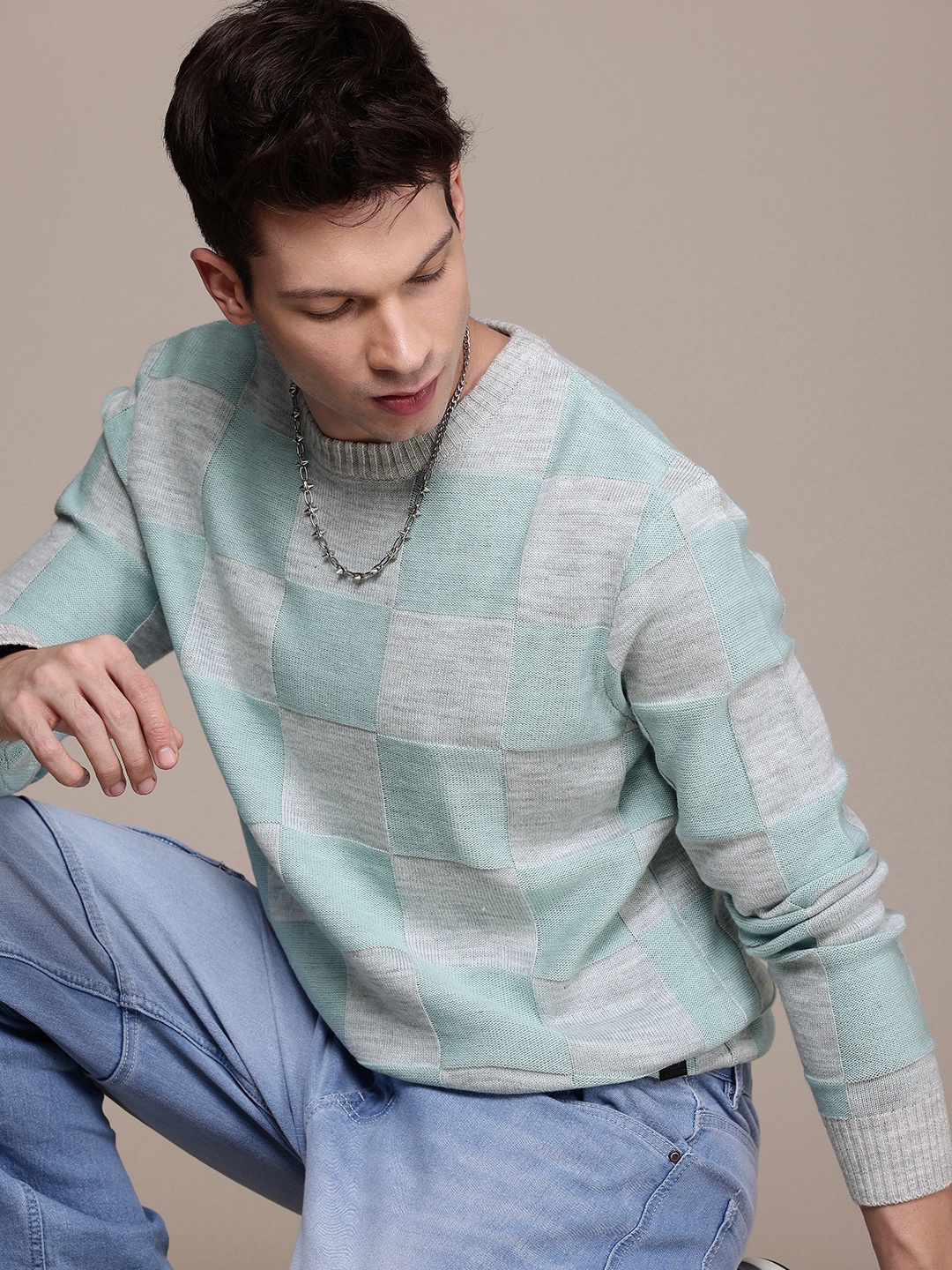 

WROGN Self Design Checked Pullover Sweater, Blue